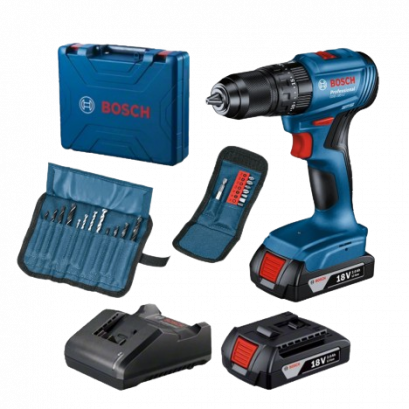 Bosch รุ่น GSB 185-LI Brushless สว่านกระแทกไร้สาย 4 หุน 18V Brushless motor แบตเตอรี่ขนาด 2.0 Ah 2 ก้อน พร้อมแท่นชาร์จ อุปกรณ์เสริม 23 ชิ้น และ กล่องเครื่องมือ (06019K31K2)