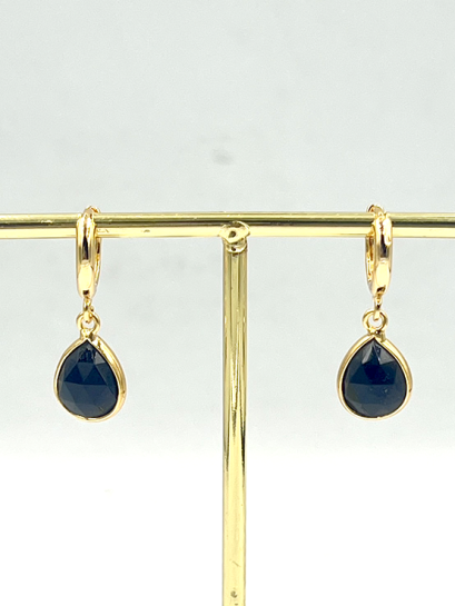 Black Onyx Teardrop Stone Brass Hoop Earrings