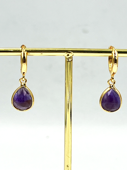 Amethyst Teardrop Stone Brass Hoop Earrings