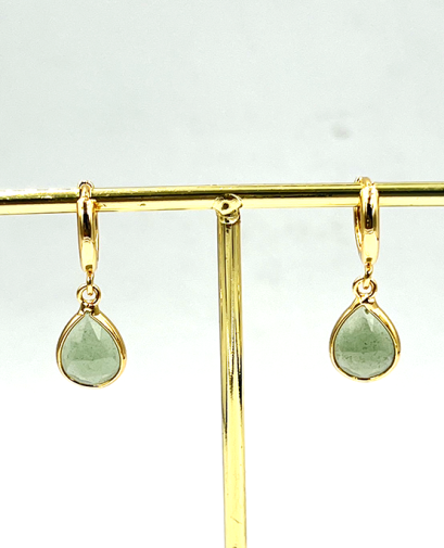 Green Aventurine Teardrop Stone Brass Hoop Earrings