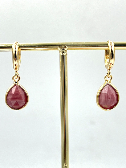 Rhodochrosite Teardrop Stone Brass Hoop Earrings