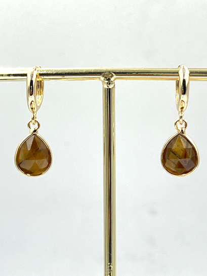 Tigers eye Teardrop Stone Brass Hoop Earrings