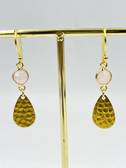 Pink Agate Round Stone Brass Dangle-Drop Earrings