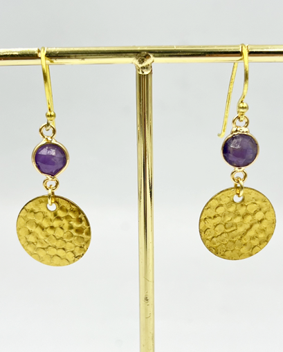 Amethyst Round Stone Brass Dangle-Drop Earrings