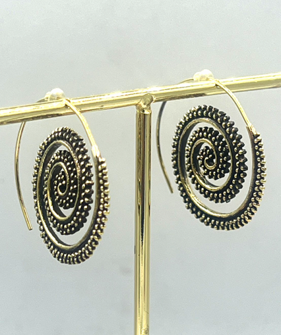 Brass Spiral Dotwork Tribal Ethnic Earrings