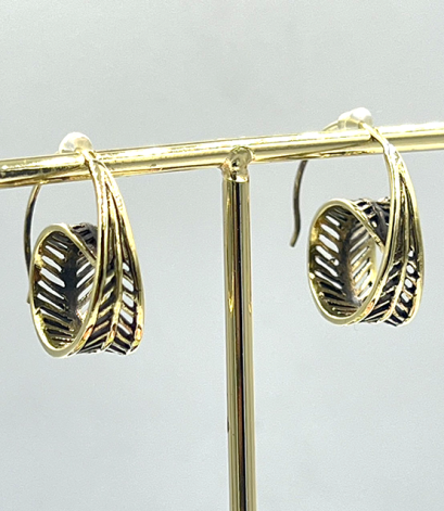 Spiral Fern Leaf Ethnic Tribal Brass Hoop Earrings