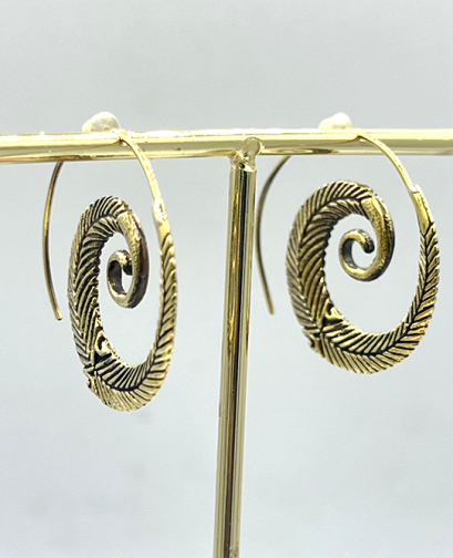 Brass Spiral Feather Hoop Earrings