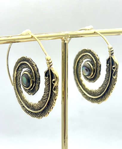 Brass Feather With Abalone shell  Spiral Hoop Earrings