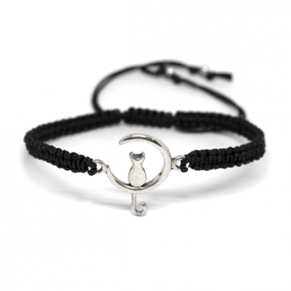 &quot;Black String Rope Bracelet Cat on the Moon Charm &quot;