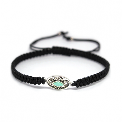 "Black Rope Bracelet Indian Motifs with TQ Stone"