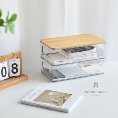 Wood Slash Decor | กล่องจัดระเบียบ แบบใส พร้อมฝาไม้ สไตล์มูจิ มินิมอล ขนาด 15x25.5x7.5 ซม