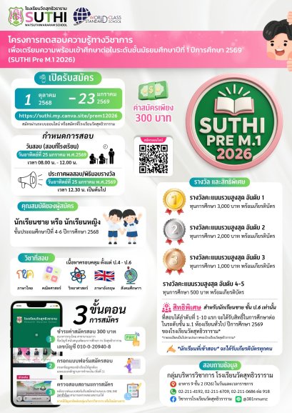 SUTHI PRE M.1 2026 - พรีเทสสอบเข้า ม.1 โรงเรียนวัดสุทธิวราราม ปีการศึกษา 2569