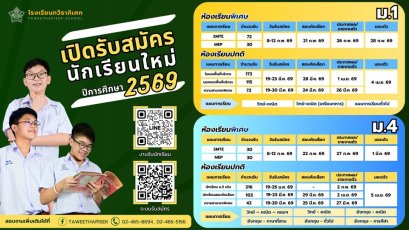 กำหนดการรับสมัครนักเรียน ม.1 และม.4 ปีการศึกษา 2569 โรงเรียนทวีธาภิเศก