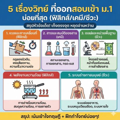 เก็งแม่น! "5 เรื่องวิทย์" ที่ออกสอบเข้า ม.1 บ่อยที่สุด (ฟิสิกส์/เคมี/ชีวะ) พลาดเรื่องไหน ระวังสอบไม่ติด!