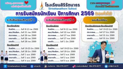 กำหนดการรับสมัครสอบเข้า ม.1 และ ม.4 ปีการศึกษา 2569 - โรงเรียนสิริรัตนาธร