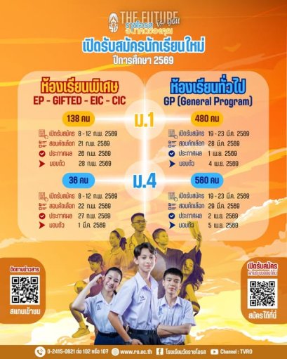 กำหนดการรับสมัครนักเรียนใหม่ ม.1 และ ม.4 โรงเรียนวัดราชโอรส ปีการศึกษา 2569