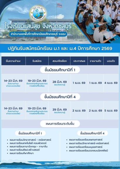 ปฏิทินการรับนักเรียนชั้น ม.1 และม.4 ปีการศึกษา 2569 - โรงเรียนแสนสุข จังหวัดชลบุรี