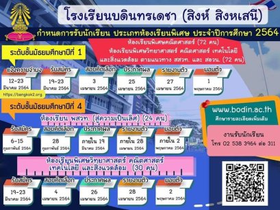 กำหนดการรับนักเรียนชั้น ม.1 และม.4 ปีการศึกษา 2564 ร.ร.บดินทรเดชา(สิงห์ สิงหเสนี) ประเภทห้องเรียนพิเศษ