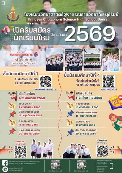 รับสมัครสอบเข้า ม.1 และ ม.4 ประจำปี 2569 - โรงเรียนวิทยาศาสตร์จุฬาภรณราชวิทยาลัย บุรีรัมย์