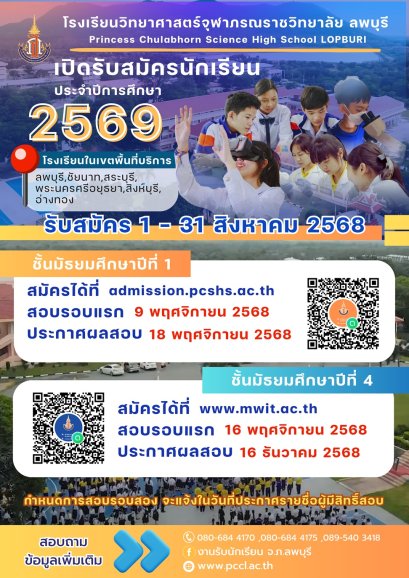 รับสมัครสอบเข้า ม.1 และ ม.4 ประจำปี 2569 - โรงเรียนวิทยาศาสตร์จุฬาภรณราชวิทยาลัย ลพบุรี