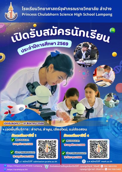 รับสมัครสอบเข้า ม.1 และ ม.4 ประจำปี 2569 - โรงเรียนวิทยาศาสตร์จุฬาภรณราชวิทยาลัย ลำปาง