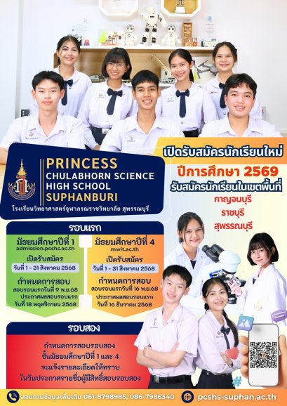 รับสมัครสอบเข้า ม.1 และ ม.4 ประจำปี 2569 - โรงเรียนวิทยาศาสตร์จุฬาภรณราชวิทยาลัย สุพรรณบุรี