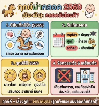 ฤกษ์ผ่าคลอด 2569 (ปีมะเมีย): คลอดวันไหนดี? เสริมดวงลูกให้เป็นอภิชาตบุตร ร่ำรวย แข็งแรง