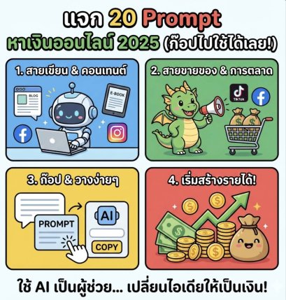 แจก 20 Prompt หาเงินออนไลน์ 2025: สายเขียน/ขายของ ก๊อปไปใช้ได้เลย (ฟรี)
