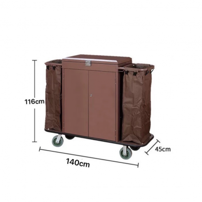 รถเข็นรูมเซอร์วิส มีล๊อกเกอร์ น้ำตาล รถเข็นแม่บ้านถุง2ข้าง