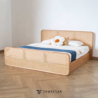 Duffin bed เตียงหวายโครงไม้สักแท้ สไตล์มินิมอล : BE063