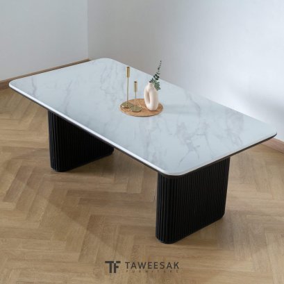 โต๊ะกินข้าวไม้สักแท้ท็อปหินอ่อนสังเคราะห์ฐานรองไม้สัก DS272