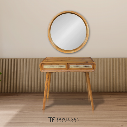 โต๊ะเครื่องแป้งไม้สักพร้อมกระจกกลม DT019