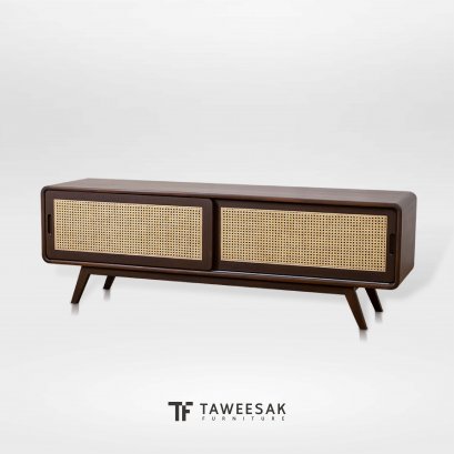 ชั้นวางทีวีไม้สักแต่งหวายสไตล์มินิมอลบานเลื่อน TV095