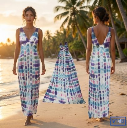 เดรส คอลึก ผ้ามัดย้อม ชุดยาว