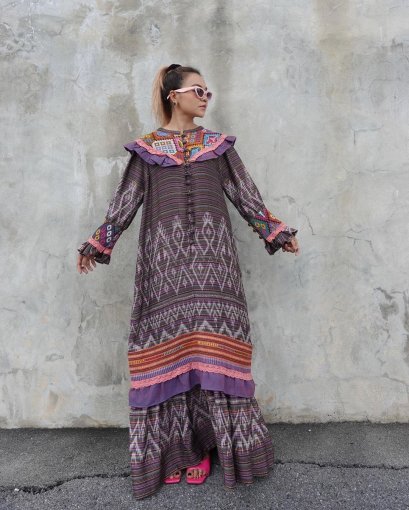 Maxi dress แขนยาว ผ้ามัดหมี่