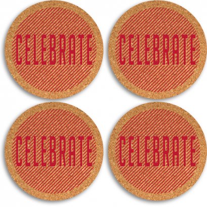 แผ่นรองแก้วไม้คอร์ก เซต 4 ชิ้น S/4 &quot;CELEBRATE&quot; Round Cork Coaster