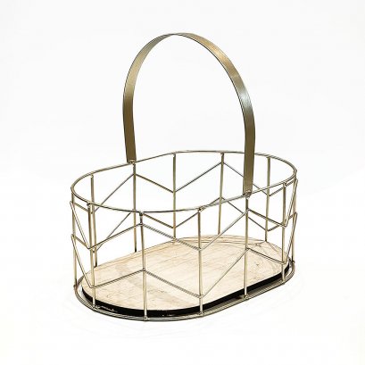 Oval Gold Wired Basket w/ Wood Base (L)
