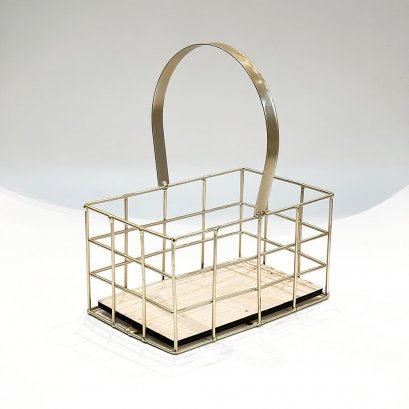 Rectangle Gold Wired Basket w/ Wood Base (S)