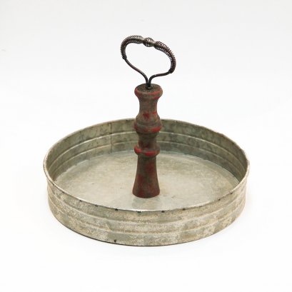 Round Galvanized Tray w/ Wood Handle