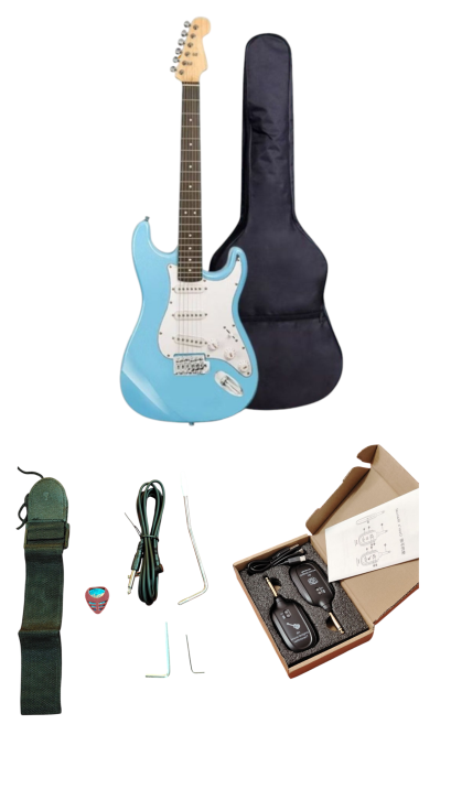 กีตาร์ไฟฟ้านำเข้าทรงสตาร์ทสีฟ้าราคาถูกรุ่น3แท็กซิงโปรพร้อมของแถมมากมายแจกแจ็คไร้สายฟรีส่งฟรีเก็บเงินปลายทาง