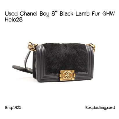 Chanel BOY 8" BLACK LAMB FUR GHW HOLO28