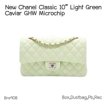 Chanel CLASSIC 10" LIGHT GREEN CAVIAR GHW MICROCHIP