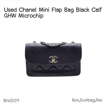 Chanel FLAP BAG BLACK CALF GHW MICROCHIP**