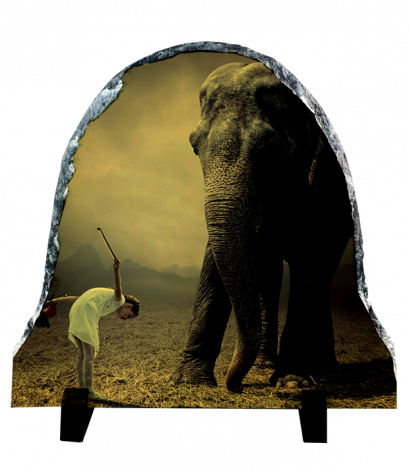 แผ่นหินพิมพ์รูป Girls and elephant Rock