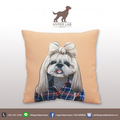 หมอนสกรีนรูปหมาชิสุ ใส่เสื้อลายสก๊อต