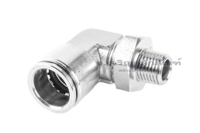 ข้อต่อลมแบบงอ 90° สแตนเลส 304 (เกลียวนอก x เสียบสาย) ขนาด 1/4&quot;-19 (BSPT) x 16 mm