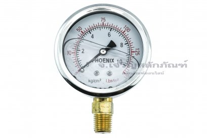 เกจ์วัดความดัน PHOENIX  หน้าปัดโต 64 mm (2.1/2&quot;) ช่วงแรงดัน 10 Kg (150 Lb) ขนาดเกลียว 1/4&quot; รุ่นมีน้ำมัน