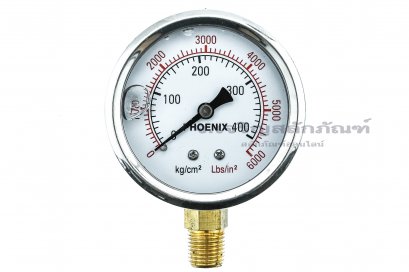 เกจ์วัดความดัน PHOENIX  หน้าปัดโต 64 mm (2.1/2&quot;) ช่วงแรงดัน 400 Kg (6000 Lb) ขนาดเกลียว 1/4&quot; รุ่นมีน้ำมัน