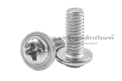 น็อตหัวกลมแฉกแบบติดแหวน สแตนเลส (Phillip Round Head Screw with Flange) ขนาด M4x10 เกลียวตลอด