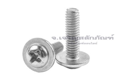 น็อตหัวกลมแฉกแบบติดแหวน สแตนเลส (Phillip Round Head Screw with Flange) ขนาด M4x14 เกลียวตลอด